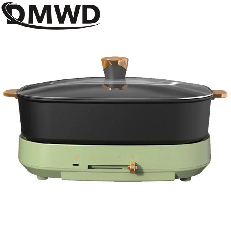 DMWD Electric Split Hot Pot Multifunctional Cooking Pot BBQ Grill Barbecue Oven Plate Non-stick Frying Pan Food Cooking Soup Pot