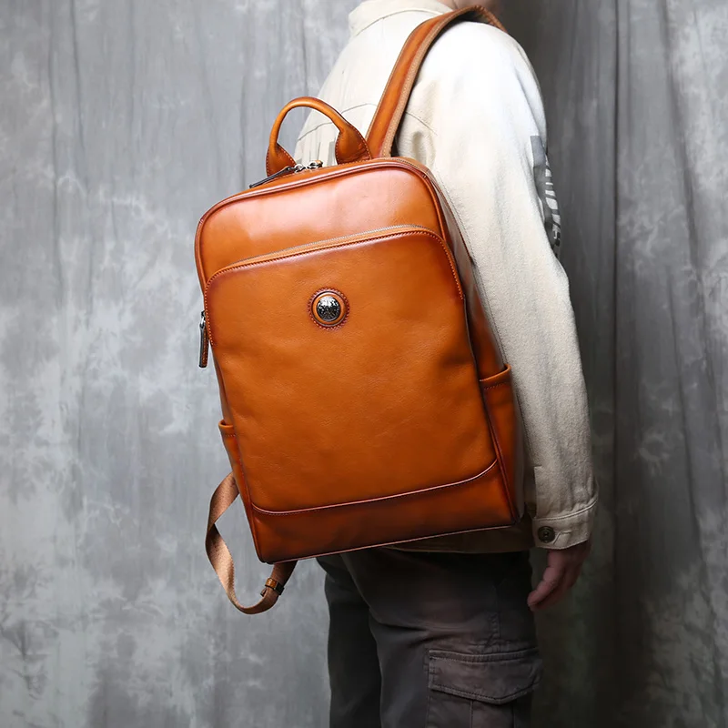 Vegetable Tanned Cowhide Shoulder Backpack Men's Head Layer Cowhide Vintage Casual Multifunctional Large Capacity Computer Bag