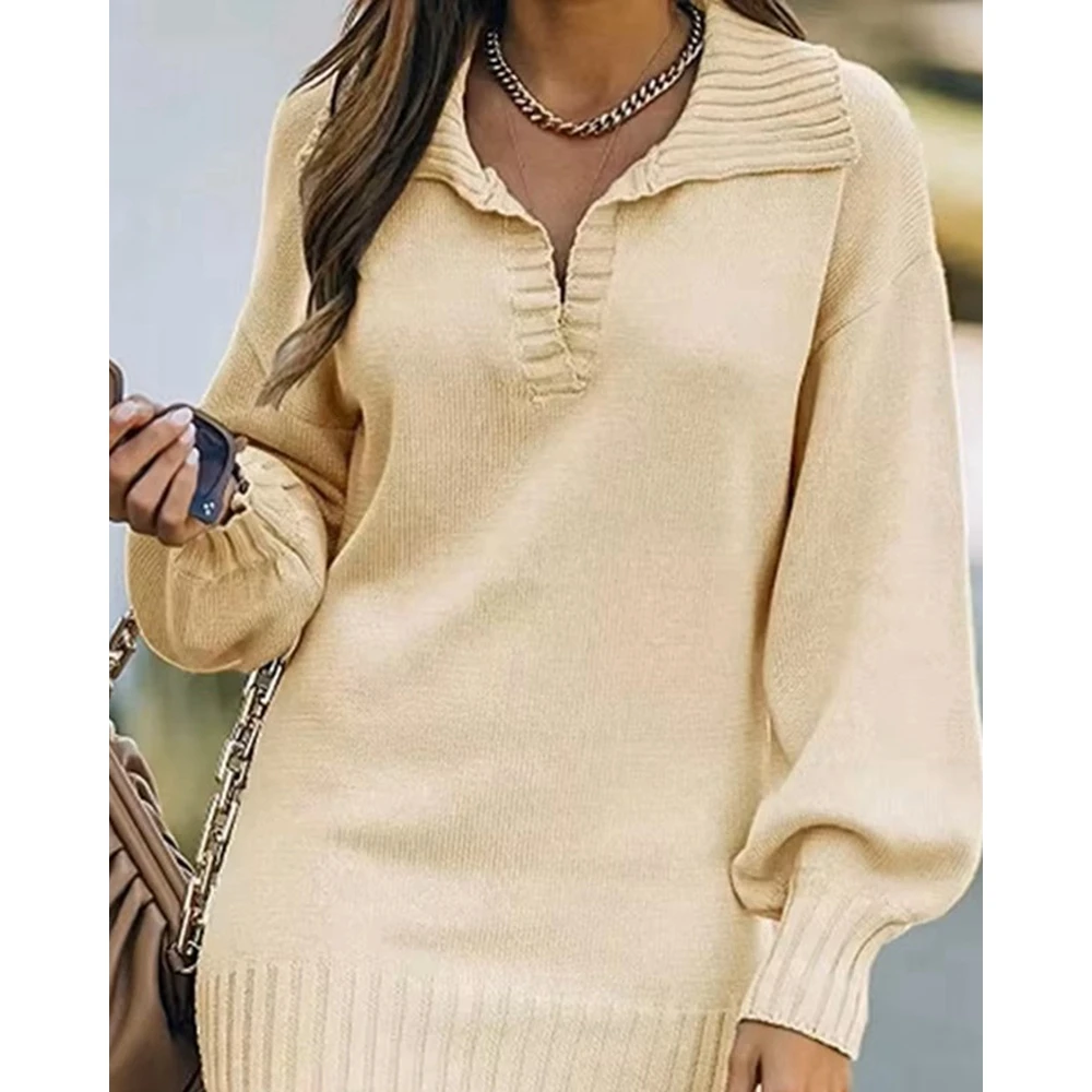 Women's Lantern Sleeve Knit Sweater Dress, Casual Robe, Lady's Clothing, New Fashion, Autumn