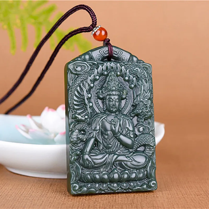 

Natural Xinjiang Hotan Jade Guanyin Pendant Men's Sapphire Dragon Subduing Jade Guanyin Sitting Dragon Guanyin Pendant