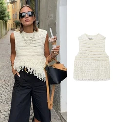 TRAF Women's Sweater Vest Autumn 2024 New Chic Tassel Slim O-neck Warm Youth Sweater Fashion Street Student Vest