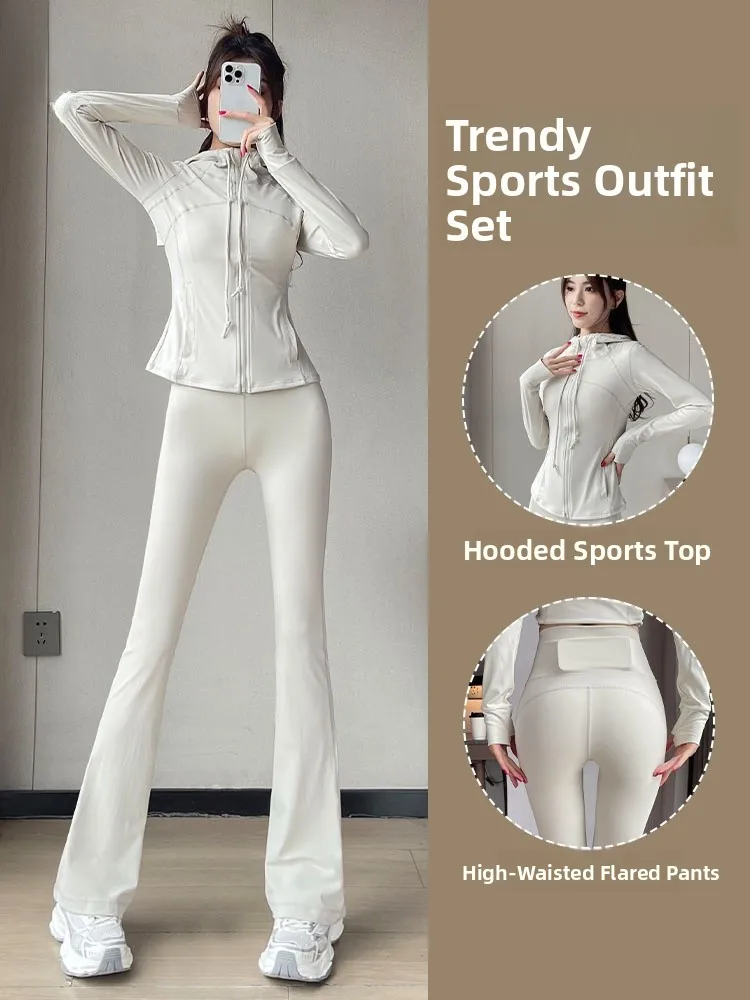 

Женский спортивный костюм для йоги: повседневный комплект для бега и фитнеса, длинные брюки, толстовка с капюшоном на молнии, нейлоновая ткань, комплект из двух предметов