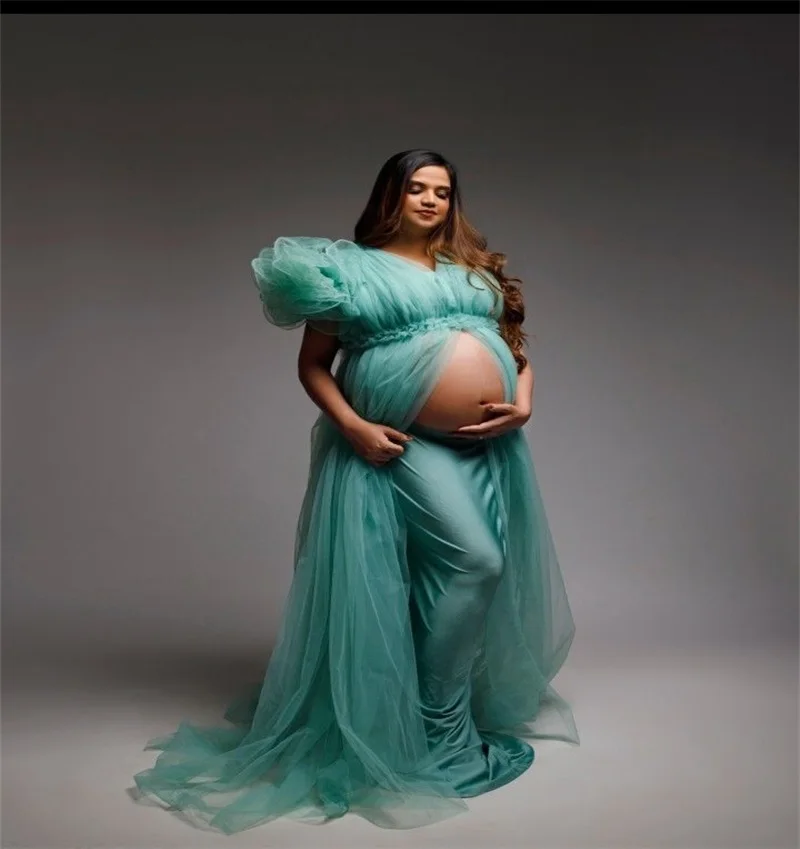 

3D Flower Women Pregnant Prom Dress Sexy V Neck Tulle Sleeveless Maternity Robes Evening Gown Sleepwear Customized Skirt