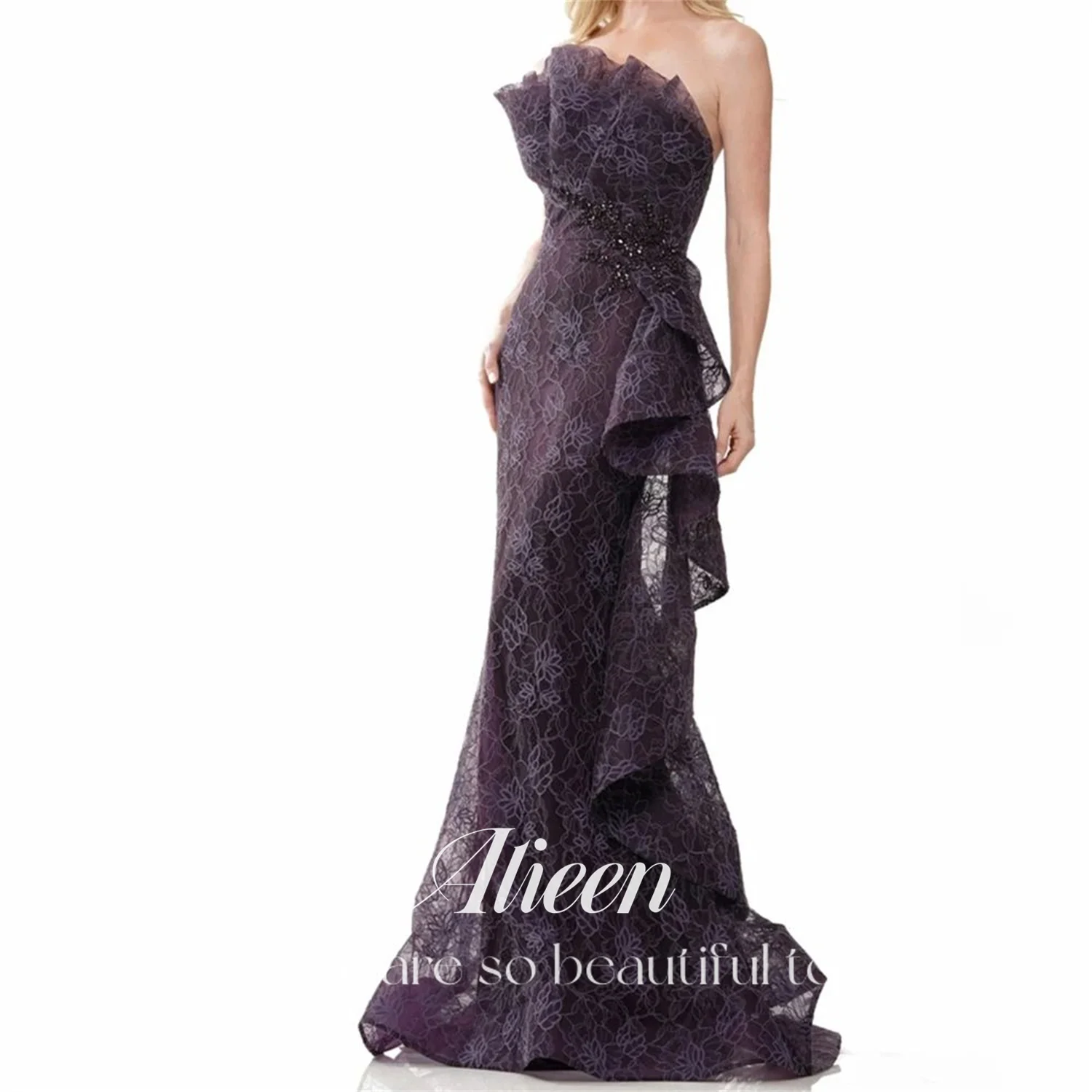 

Aileen Very Luxurious Evening Dresses for Special Occasions Lace Customized Dark Purple Mermaid Wedding Party Dress Women's Prom