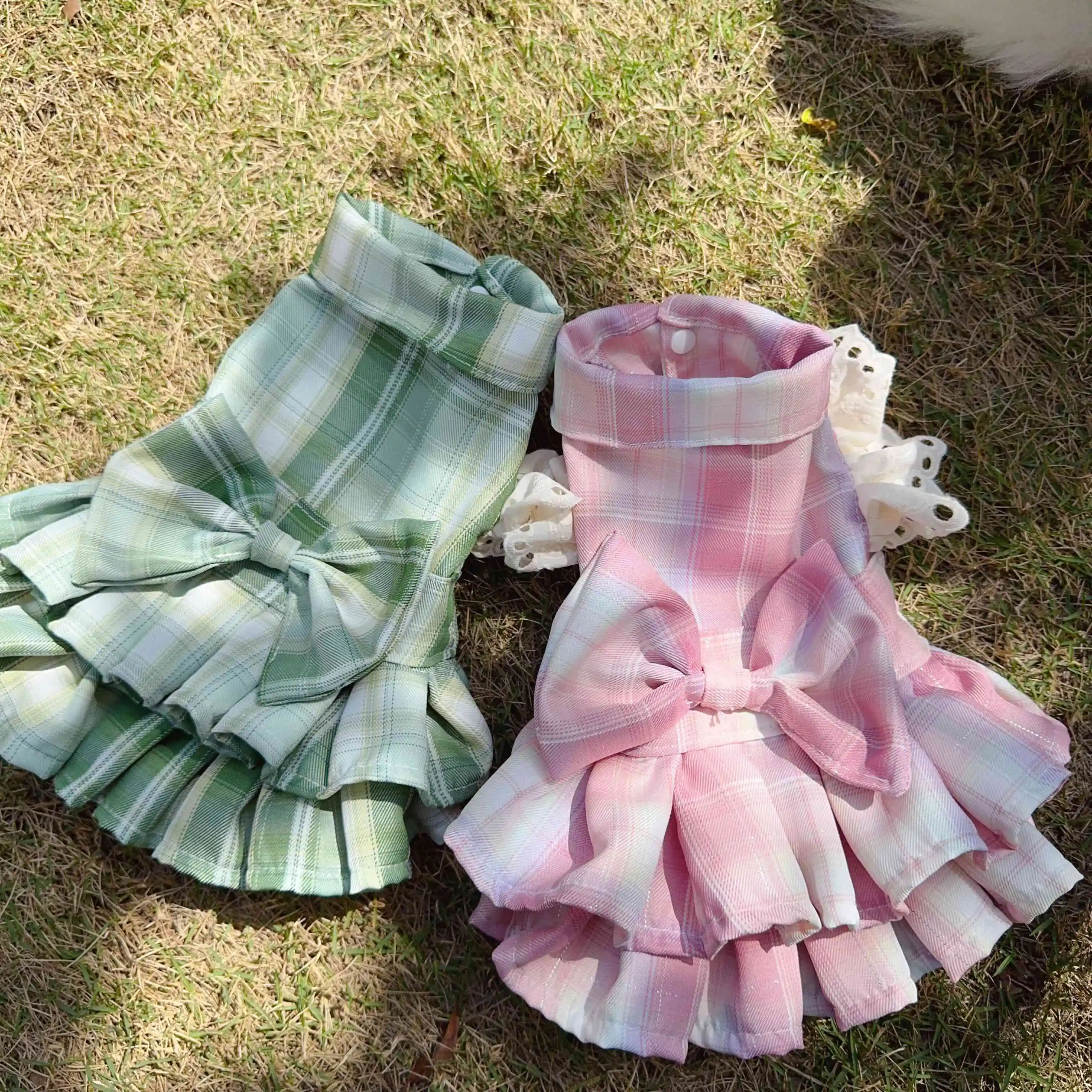 

Cute Pet Cat Dog Spring/Summer/Autume Candy Pink Green Color Checkered Jk Lining Dress Original Cute Pet Home Dress