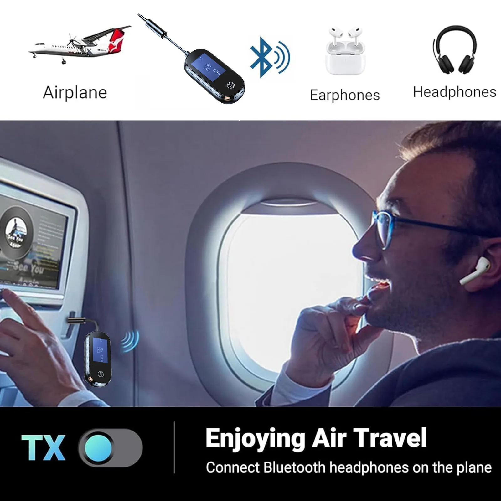 بلوتوث 5.4 استقبال الصوت الارسال 2 في 1 Hifi ستيريو محول لاسلكي 3.5 مللي متر AUX مع هيئة التصنيع العسكري لسيارة طائرة التلفزيون الكمبيوتر المتكلم