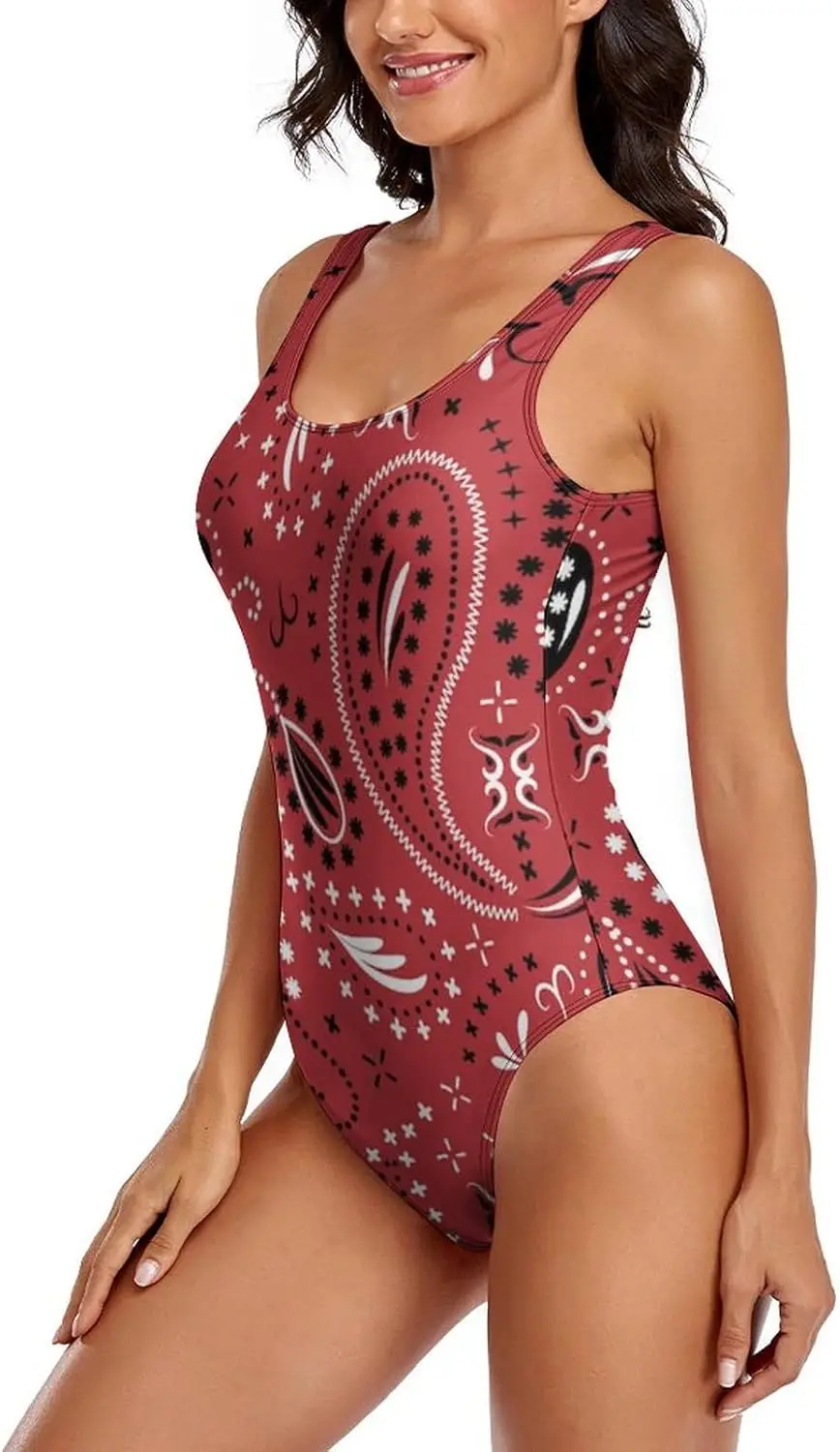 ملابس سباحة نسائية من قطعة واحدة من Luxy Trio باللونين الأحمر والأسود بيزلي، ملابس سباحة للتدريب الرياضي