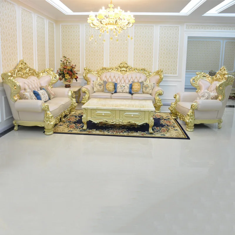 

European sofa Longjiang solid wood carving flower European leather sofa French villa leather