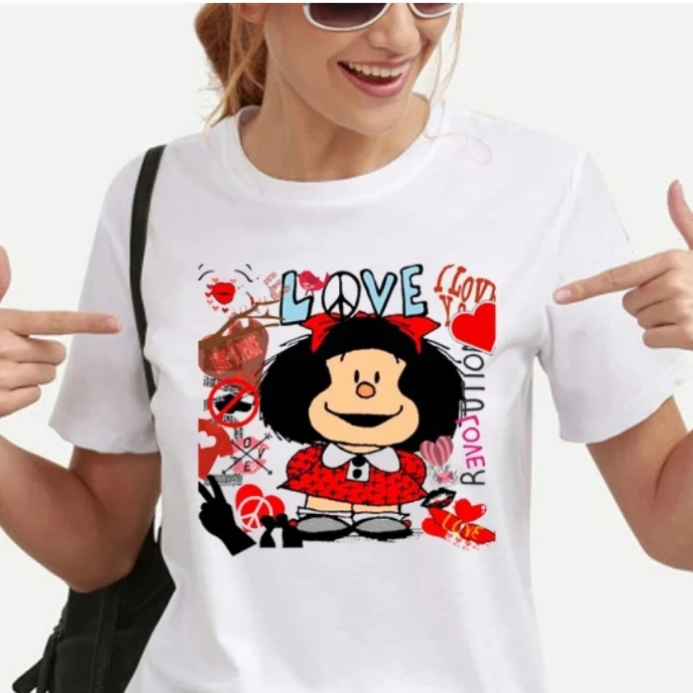 

Funny Kawaii Mafalda Graphic Print T-shirt Women Harajuku Aesthetic Clothes White Tops Tshirt 2024 Fashion Cotton Female Tee