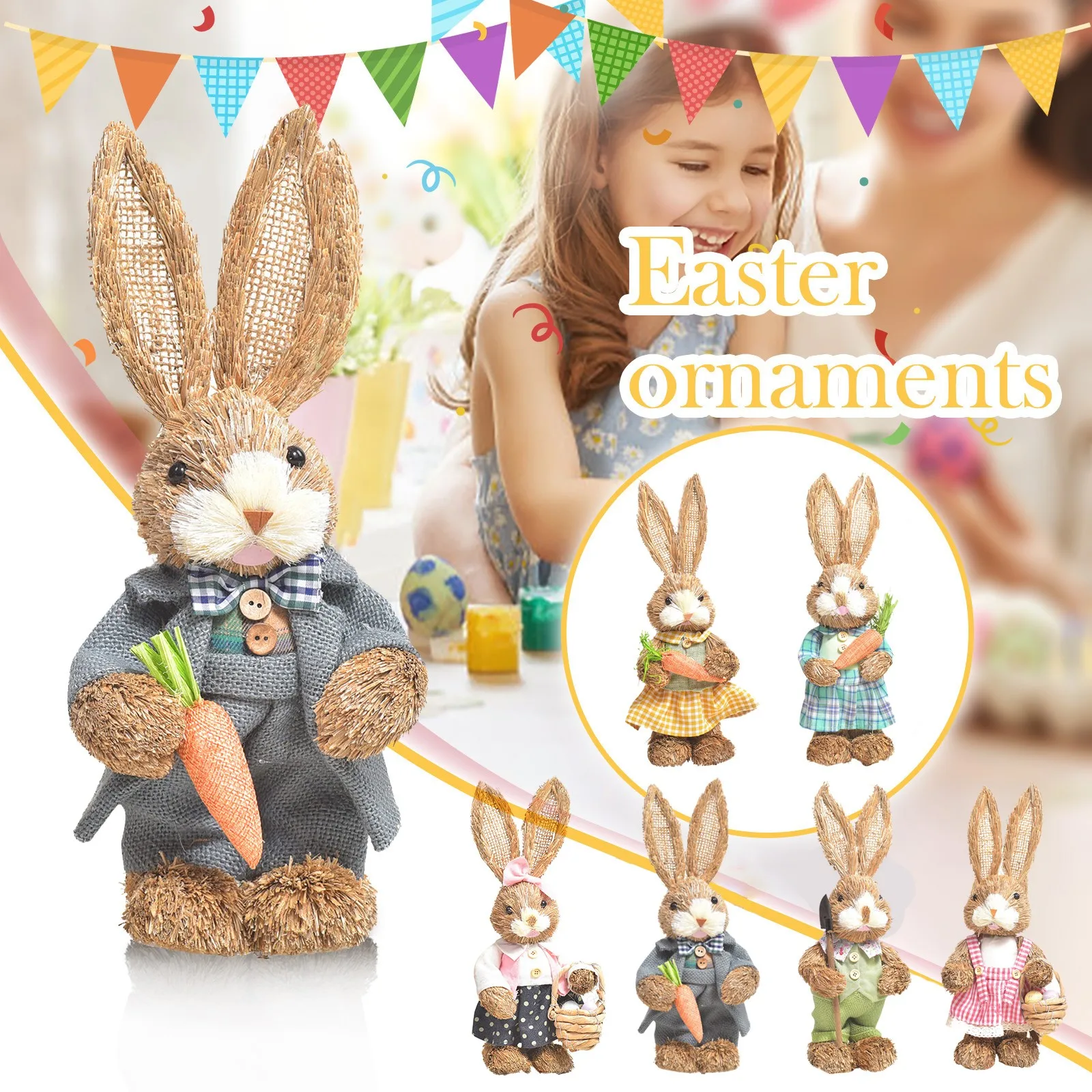 Conejo de paja bonito, decoraciones de pie con zanahorias para fiesta de Pascua, hogar, jardín, adorno de boda, accesorios para fotos, manualidades