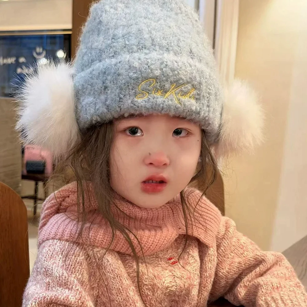 Baby Hat Embroidered Winter Girls Warm Knit Beanie Thick Pom Pom Foldable Brim Hats Ball Children Cap Kids Bonnet Casquette
