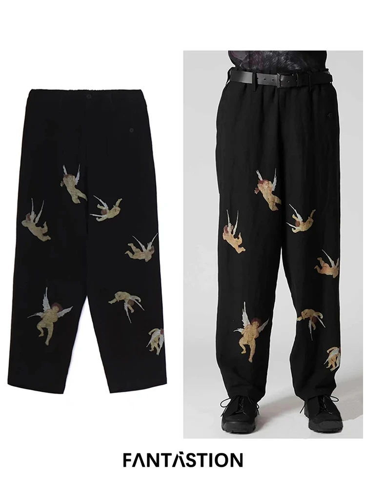 

FANTASTION Cupid Angel print pants Linen blend Elastic waist design Oversized Unisex casual long pants