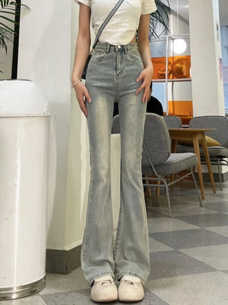 Flare Jeans Women Vintage High Waist Spring Fall Simple Slim Korean Style Fashion Streetwear All-match Denim Trouser Casual Cozy