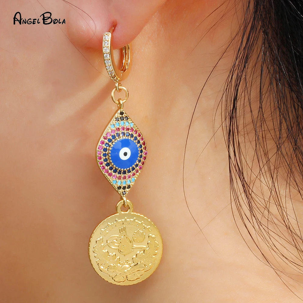 

Luxury 18k Gold Coin Evil Blue Eye Drop Earrings for Women Punk Gothic Muslim Islam Allah Earring Arab Middle East Jewelry New