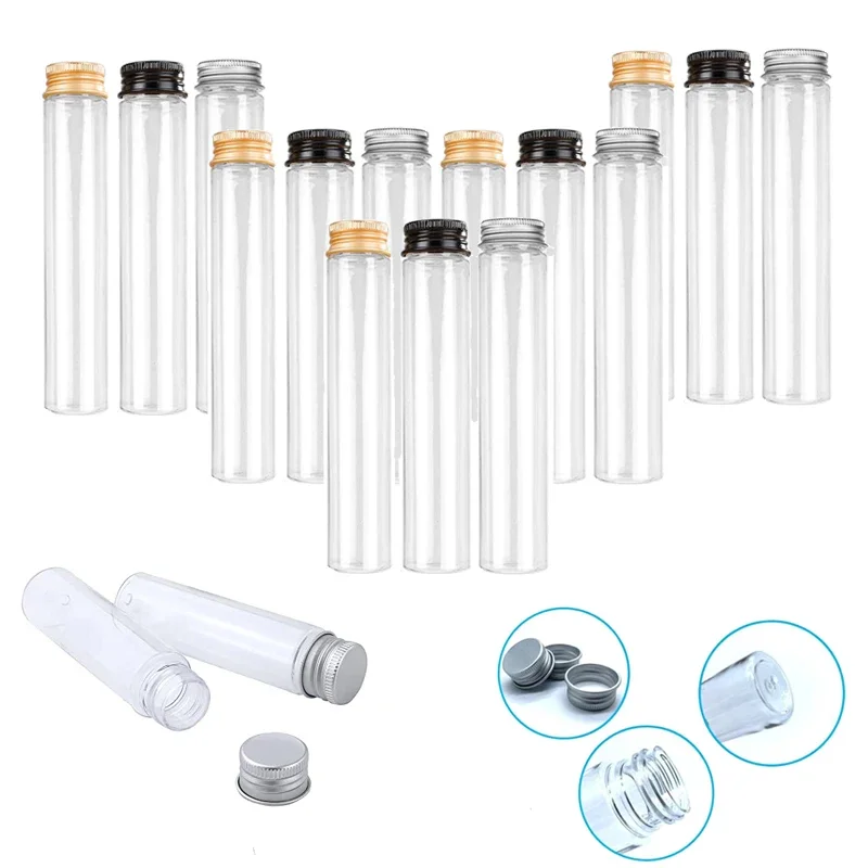 Botellas de tubo de ensayo transparentes de plástico, 10 piezas, 50-110ml, con tapas de tornillo de aluminio, para flores secas, dulces, especias, almacenamiento, recuerdos de fiesta, decoración