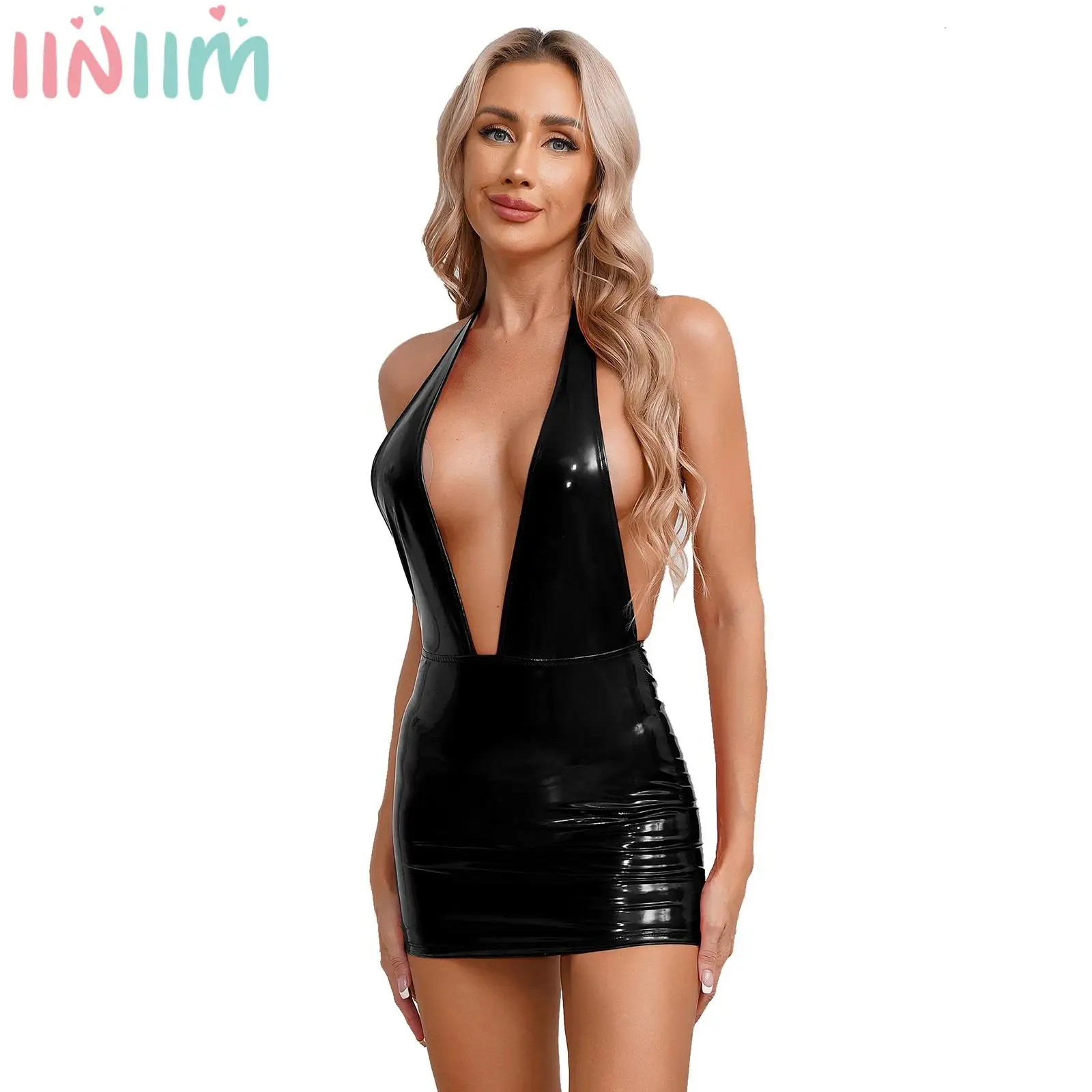 

Womens Wet Look Patent Leather Mini Dress Halter Plunging V Neck Backless Clubwear Bodycon Dress Rave Party Dancewear Clubwear