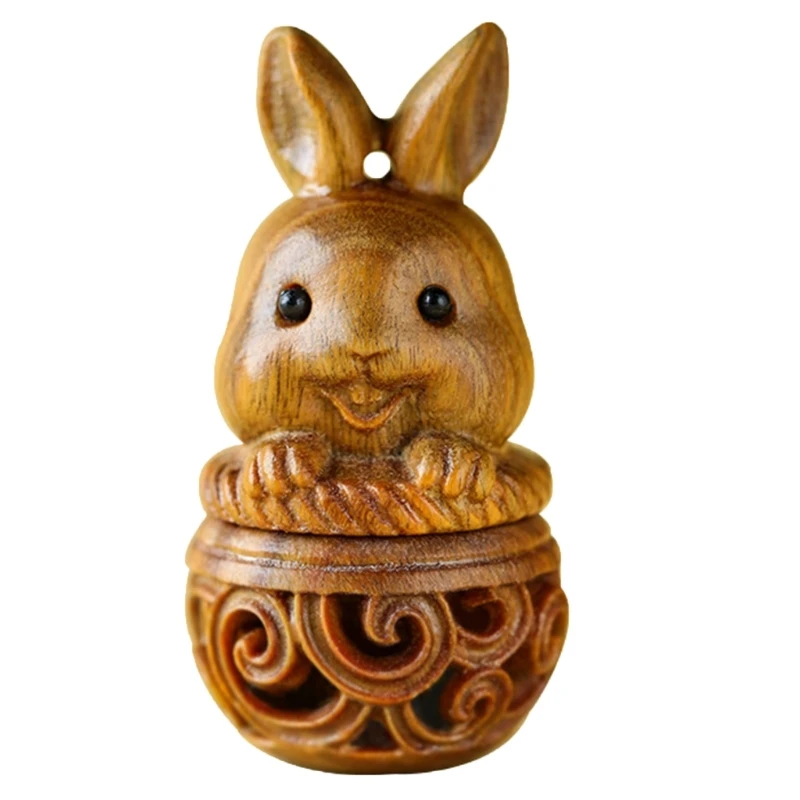 D0AD Mini Wood Pills Storage Can 3D Carved Rabbit Designs Box Pendant Accessories for Essential Oils and Small Items