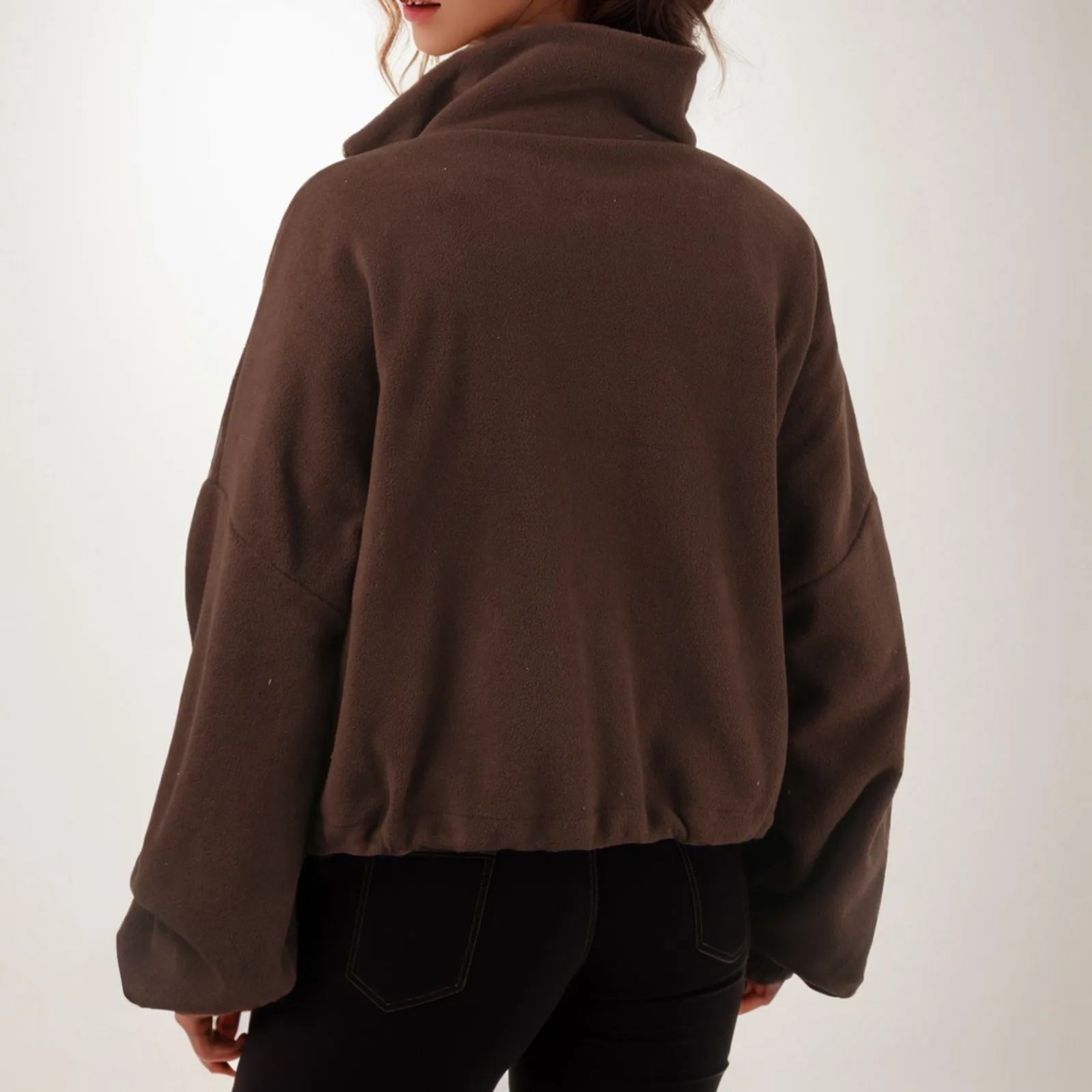 2024 New Plush Zip Up Hoodies Brown Drawstring Cropped Hoodie Long Sleeve Stand Collar Sweatshirt Ropa De Mujer