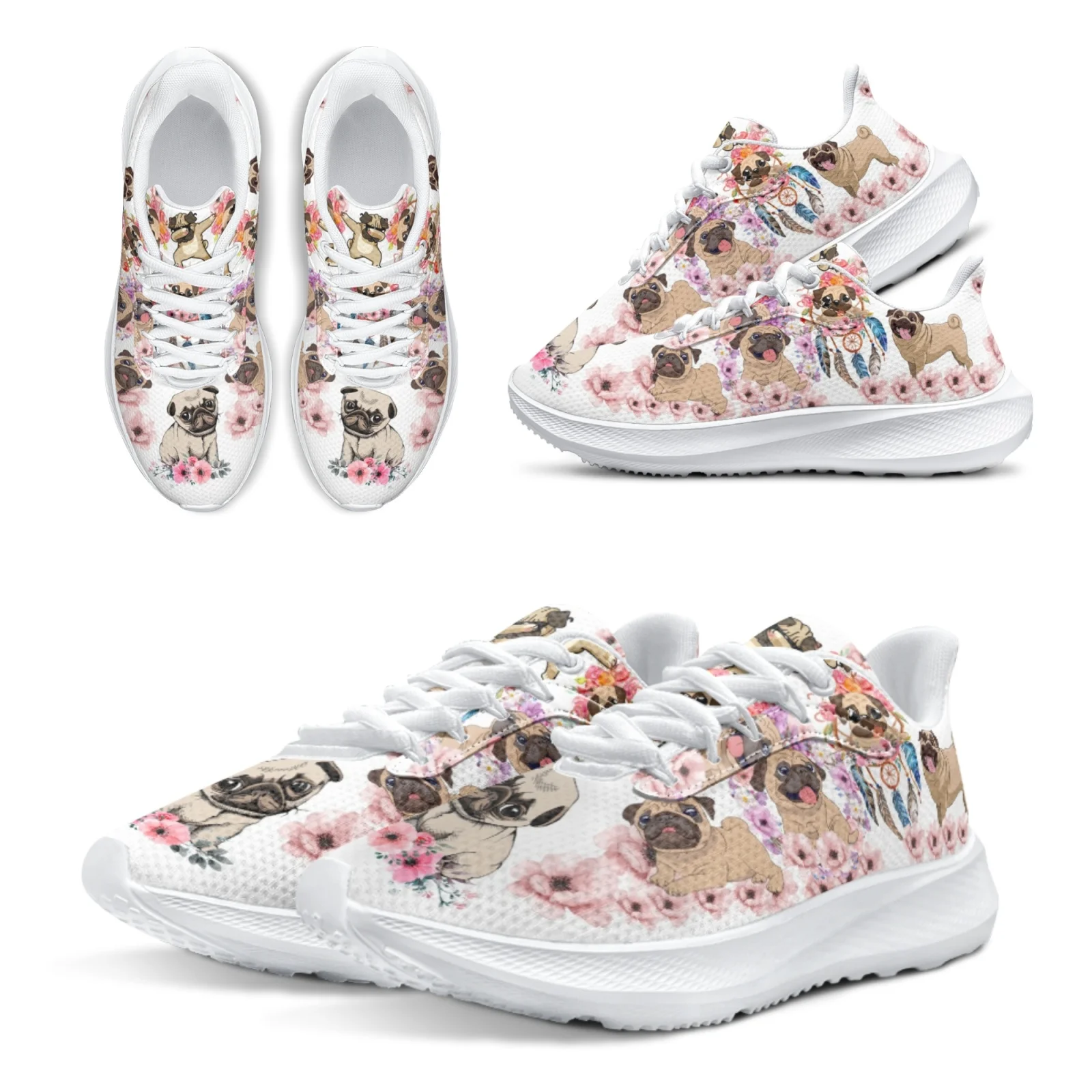 INSTANTARTS Brand Running Shoes Cartoon Pug Dog Hibiscus Flower Designer Sneakers Women's White Lace-up Lightweight Shoes Gift