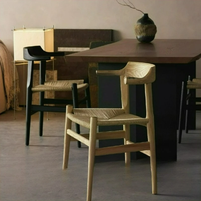 

Solid wood dining chair rattan chair household log armchair back chair