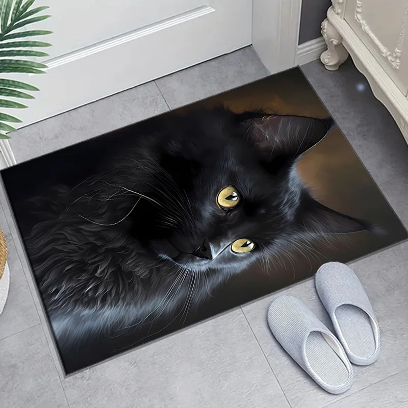 

1pc Black cat print pattern carpet, crystal velvet fabric, suitable for bedroom and living room decoration