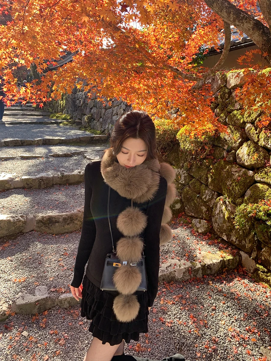 

Lazy Zoe Knitted ort Dr Cake Sle Slim Fit Fur Ball Scarf Women's Daily Wear Long Sve round Ne Warm Coat Dr