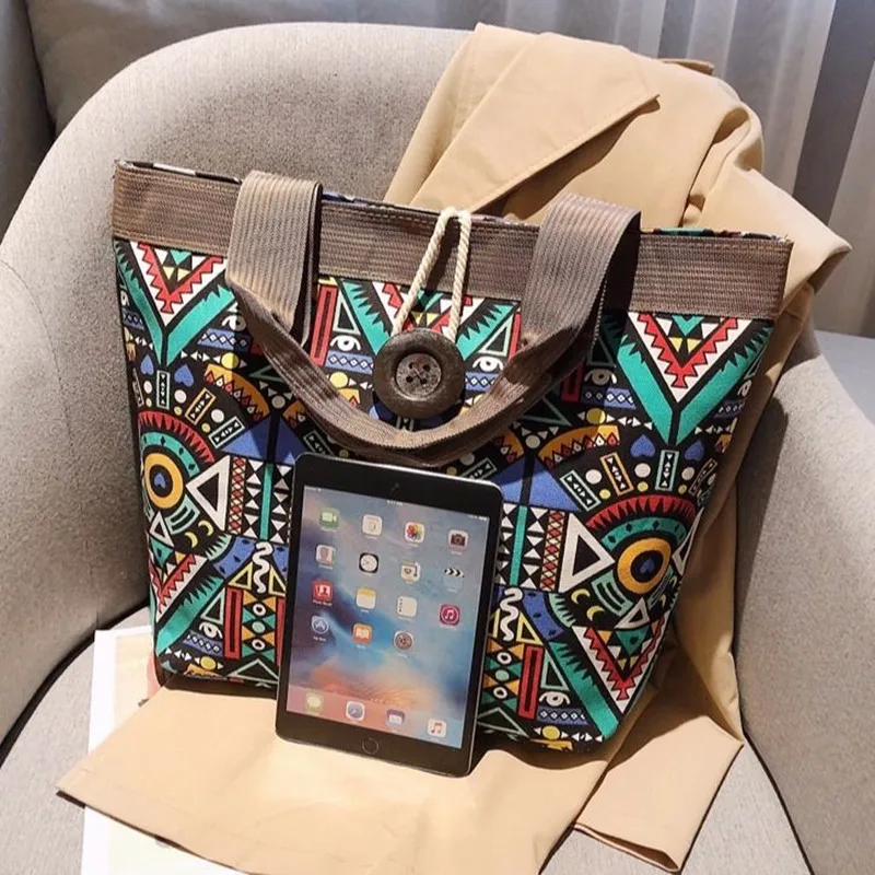 Nieuwe Etnische Stijl Schoudertas Casual Bohemian Canvas Tas Bedrukt Strand Mama Tas Handtassen Reis Boodschappentas Boodschappentas Draagtas