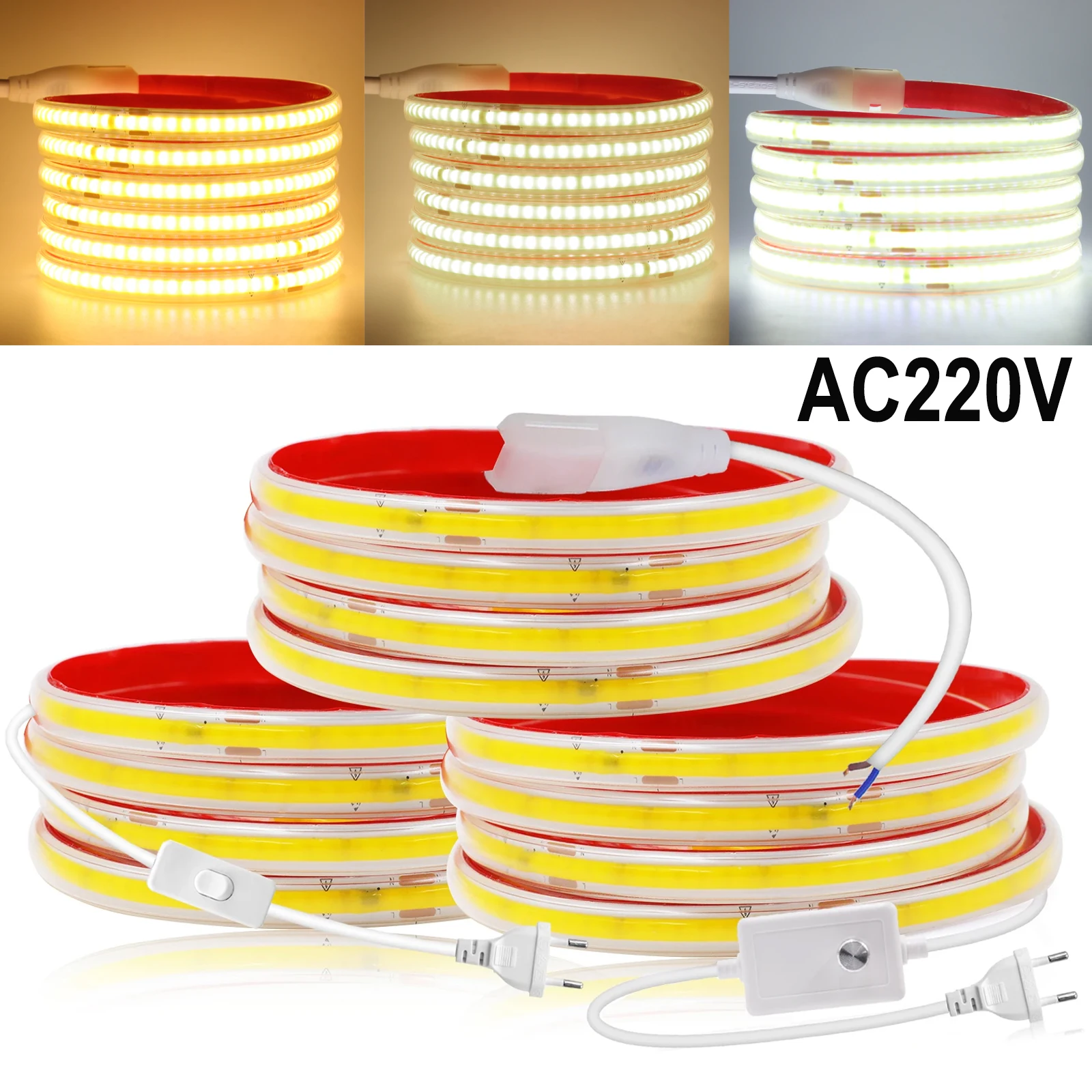 

AC220V Led Ribbon Adhesive COB Led Strip 240Leds/M Waterproof Tape With EU Plug/Switch/Dimmer/2Pin 3000K 6000K Linear Lighting