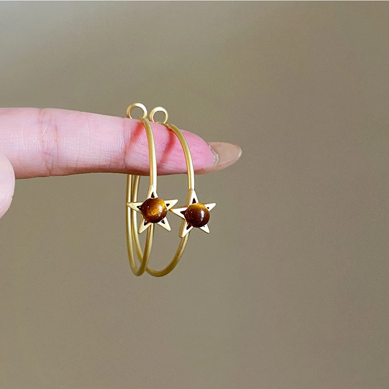 Retro Star Heart Tiger Eye Stone Simple Loop Earrings Temperament Niche Earrings Jewelry for Women Daily Accessories