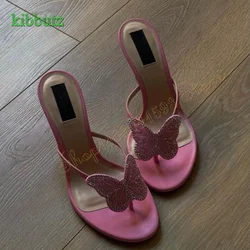 Butterfly Crystal Leather Flip Flops Round Toe Stiletto Slippers Summer Beach Party Women's Shoes 2024 New Zapatos Para Mujere