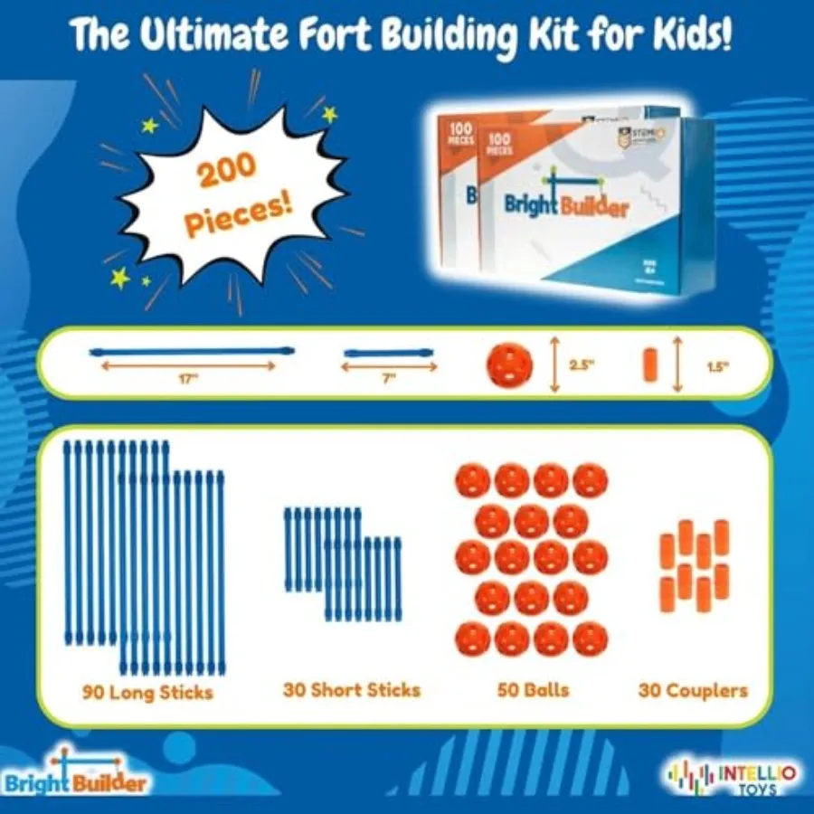 Fort Building Kit for 4-8 - 100 Pieces - DIY STEM Fort Making Set for Indoor and Outdoor Play - Large Creative Construction Set