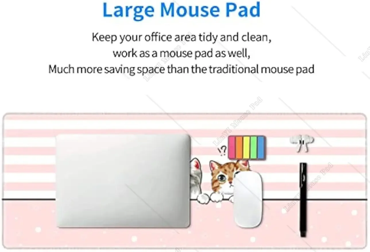 لطيف القط الوردي ماوس الوسادة كبيرة XL Kawaii الألعاب ماوس الوسادة مخيط حواف عدم الانزلاق المطاط ماوس حصيرة للعمل المكتبي 31.5X11.8 بوصة