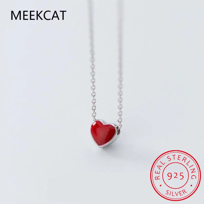 Real 925 Sterling Silver Red Enamel Hearts Pendant Necklace for Women Statement Fine Jewelry Collar Colar de Prata RHN734