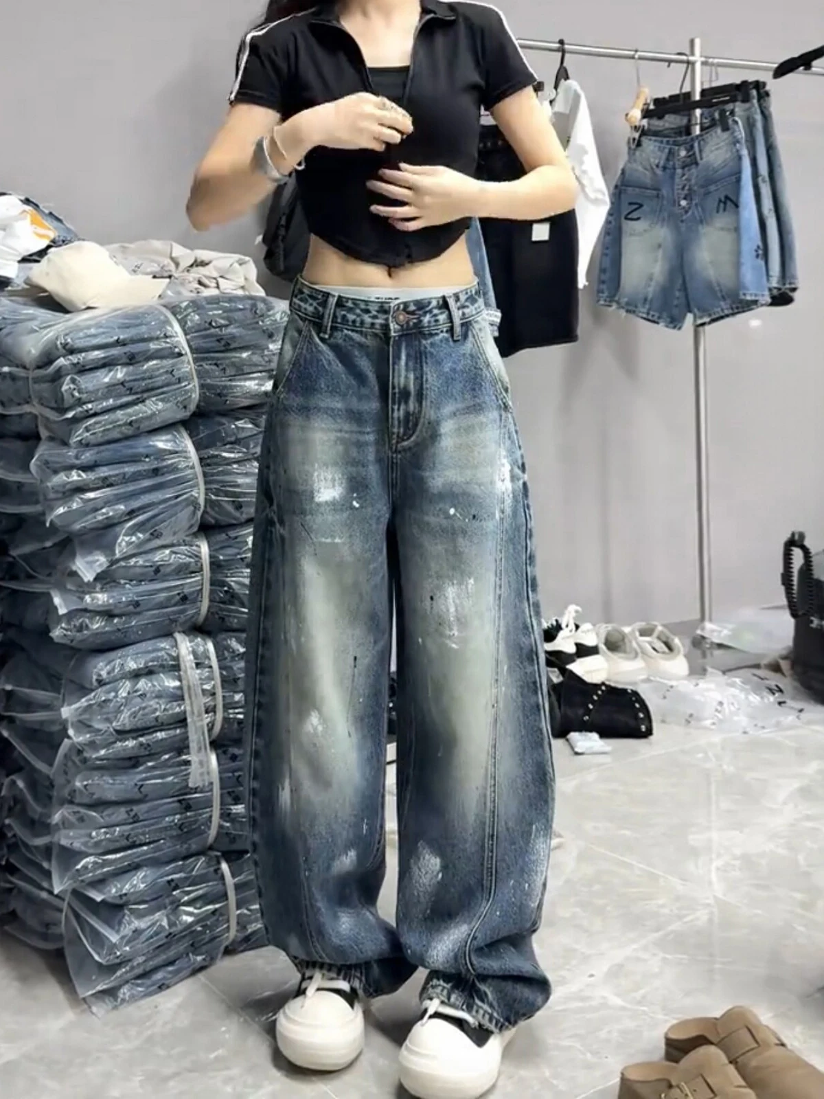 Women's High Waist Wide Leg Jeans Straight Cut Loose Fit Casual Pants Autumn 2026 Slimming Effect Digital Printing