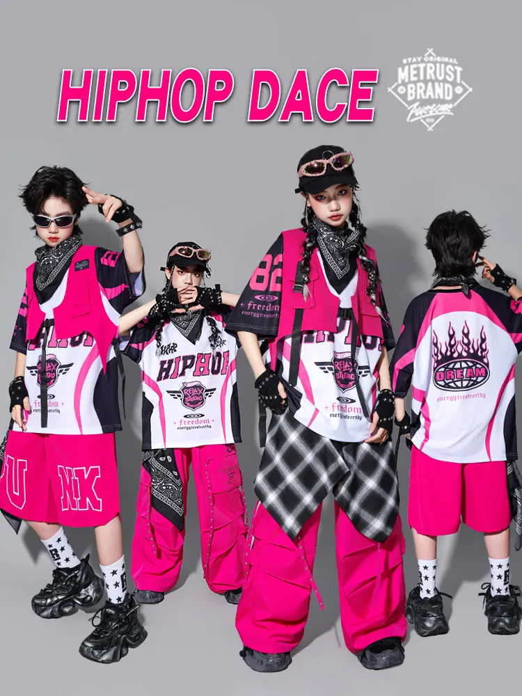 2026 Children'S Day Hip Hop Dance Costumes For Girls Rose Red Vest Loose Pants Streetwear Boys Jazz Dance Stage Clothes DQS23219