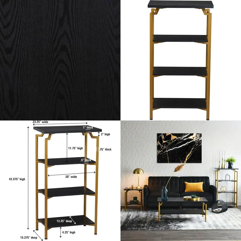 

4-ярусная открытая книжная полка из черного дуба и золотистого металла с узким коронным декором