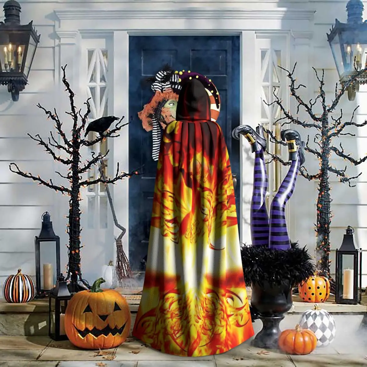 Capa longa com capuz Fire Phoenix, fantasia medieval de bruxa, capa cosplay, casaco de Halloween adulto unissex