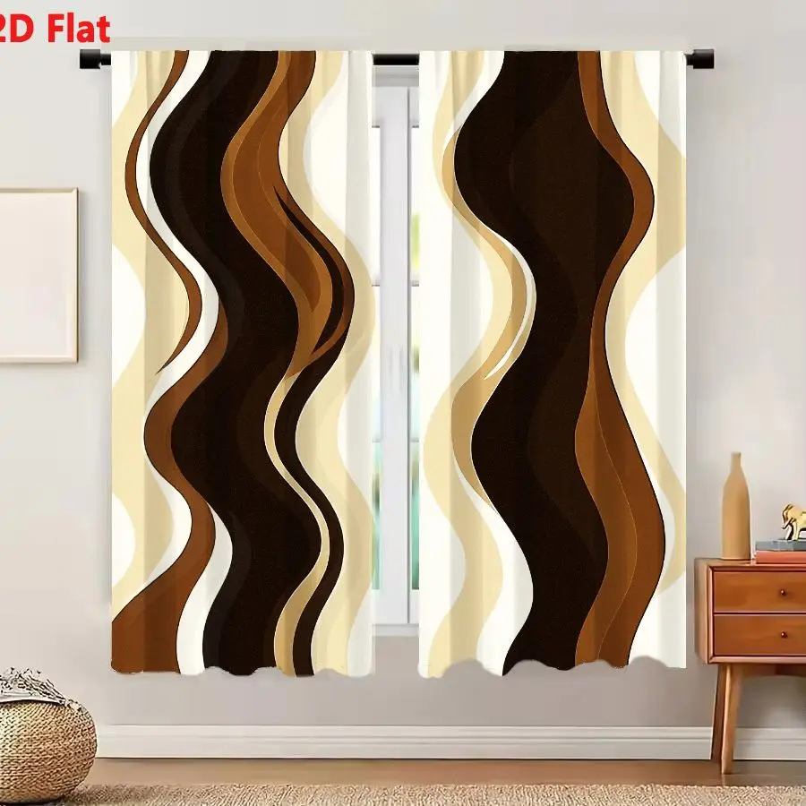 2Pcs Curtains 2D Flat Abstract Wavy Pattern With Varying Shades Of Brown Beige And White, Flowing Rhythmic Design Window Drapes