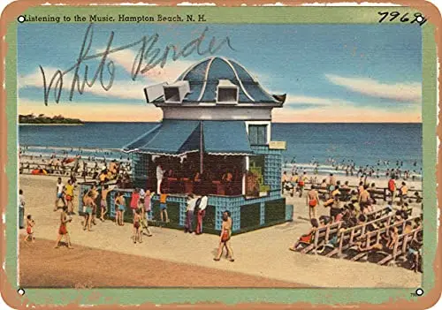 Metal Sign New Hampshire Postcard - Listening to The Music, Hampton Beach, N.H. - Vintage Rusty Look