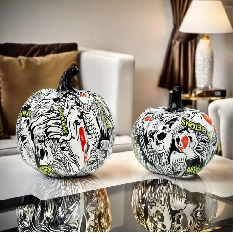 Halloween Decoration Creative Graffiti Pumpkin Statue Terrifying Ghost Pattern Jack-O-Lantern Home Garden Party Desktop Ornament