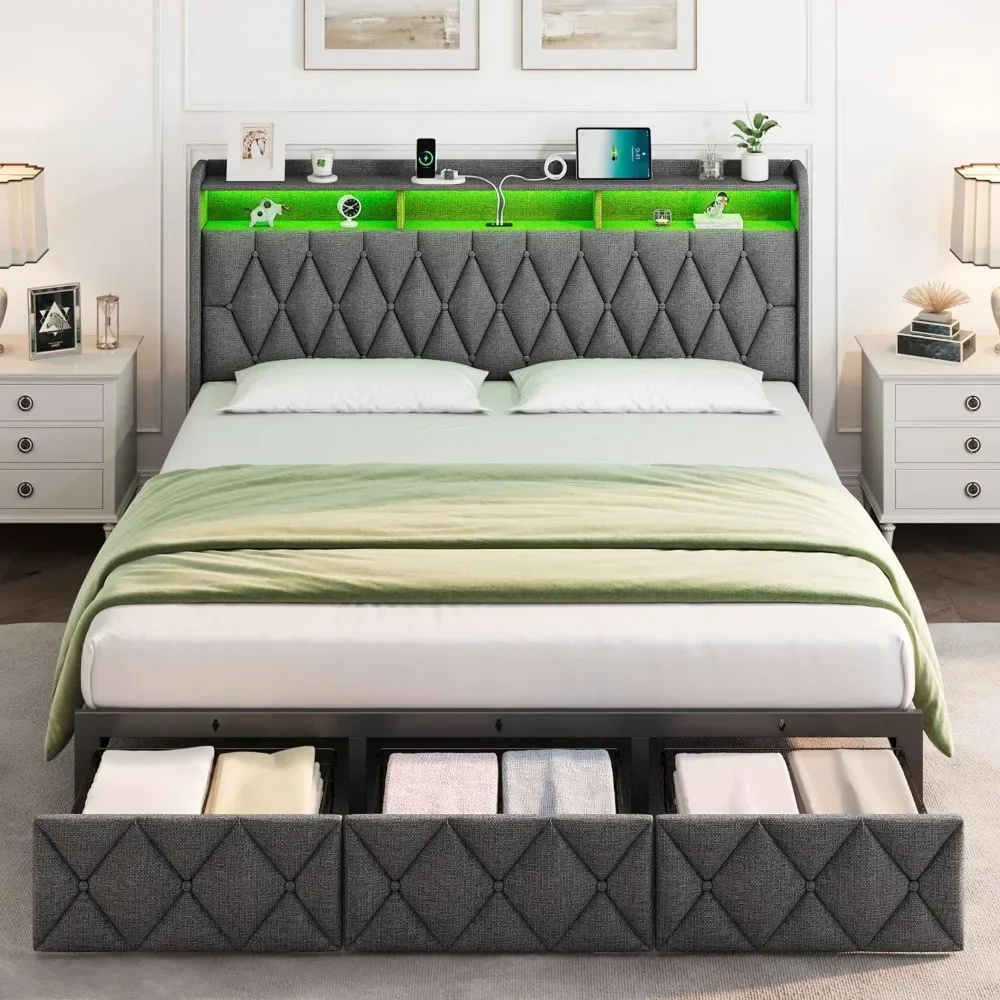 King Size Bed Frame with 3 Storage Drawers, Upholstered King Bed Frame with LED Lights Headboard and Charging Station