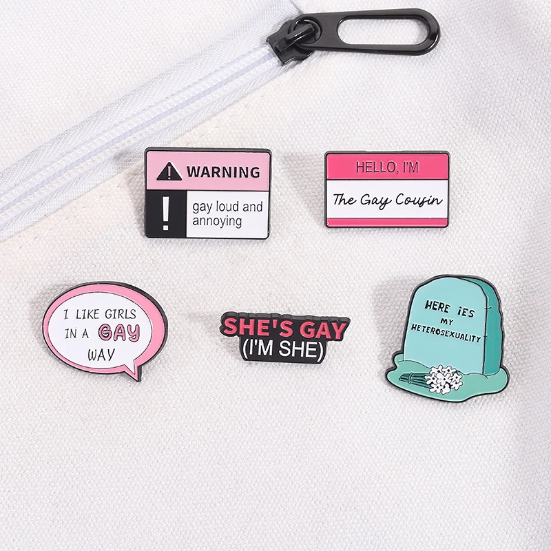 

LGBT Gay Pride Here Ies My Heterosexuality Enamel Pins She's Gay I'm She Brooches Clothes Lapel Badge Jewelry Gift for Friends