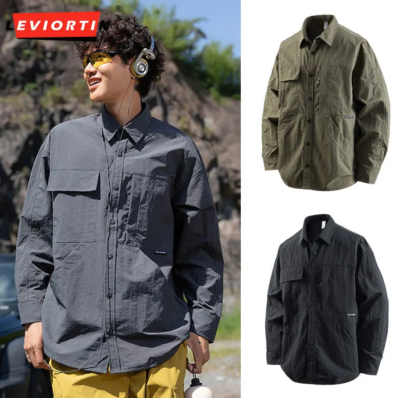 Men's Outdoor Hiking Water Resistant Long Sleeve Shirt Jacket Male Quick Dry Lightweight Breathable Workwear Button Down Shirts