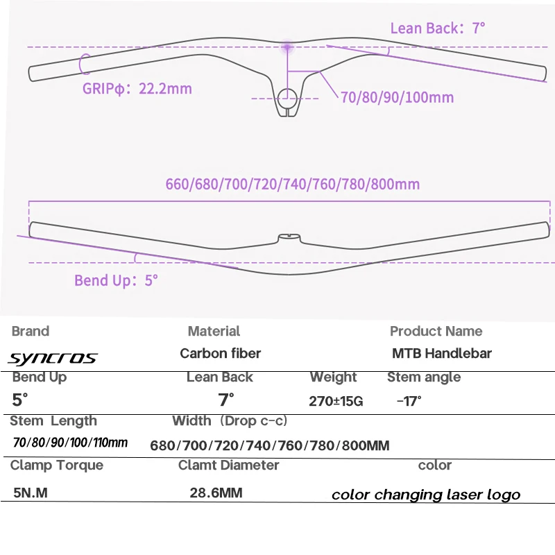 syncros carbon Handlebar Chrome Integrated Carbon Handlebar MTB  Bike Accessories -17 ° 660--800mm 70/80/90/100/110mm