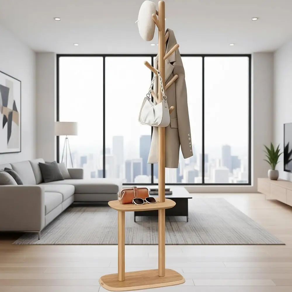 

Вешалка-стойка на 8 крючков с полкой для хранения, высота 67,2 дюйма, для пальто, шляп, сумок — идеально подходит для прихожей, коридора, спальни, натуральный цвет