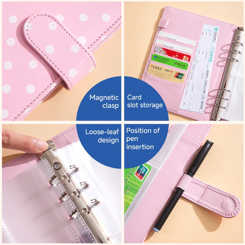 New A5 Polka Dot Binder 6 Ring Refillable Notebook Binder Planner Cover, PU Leather Personal Budget Planner with Magnetic Buckle
