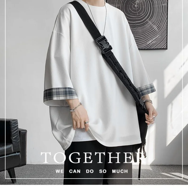 تي شيرت فضفاض مرقع منقوش غير رسمي ، نصف كم ، حرير جليدي صلب ، قمم بسيطة ، ملابس رجالية ، موضة الشوارع ، الاتجاه ، جديد ، الصيف