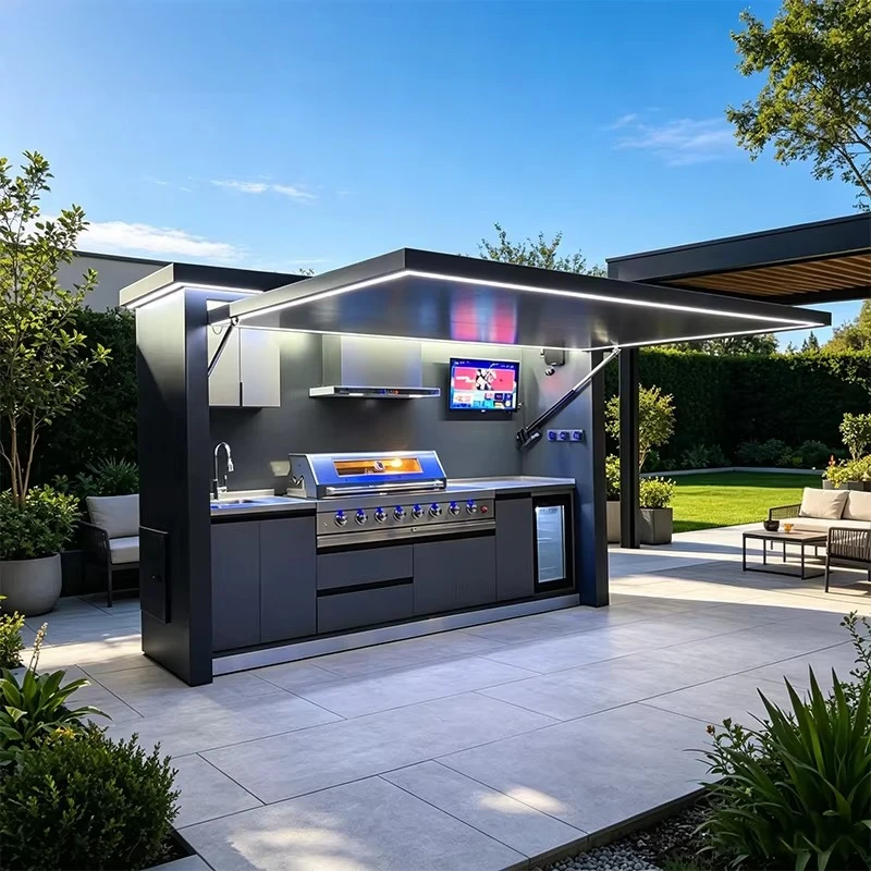 Rustproof 304 Stainless Steel Outdoor Kitchen Island With Remote Controlled Lift Up Roof And LED Ambient Light