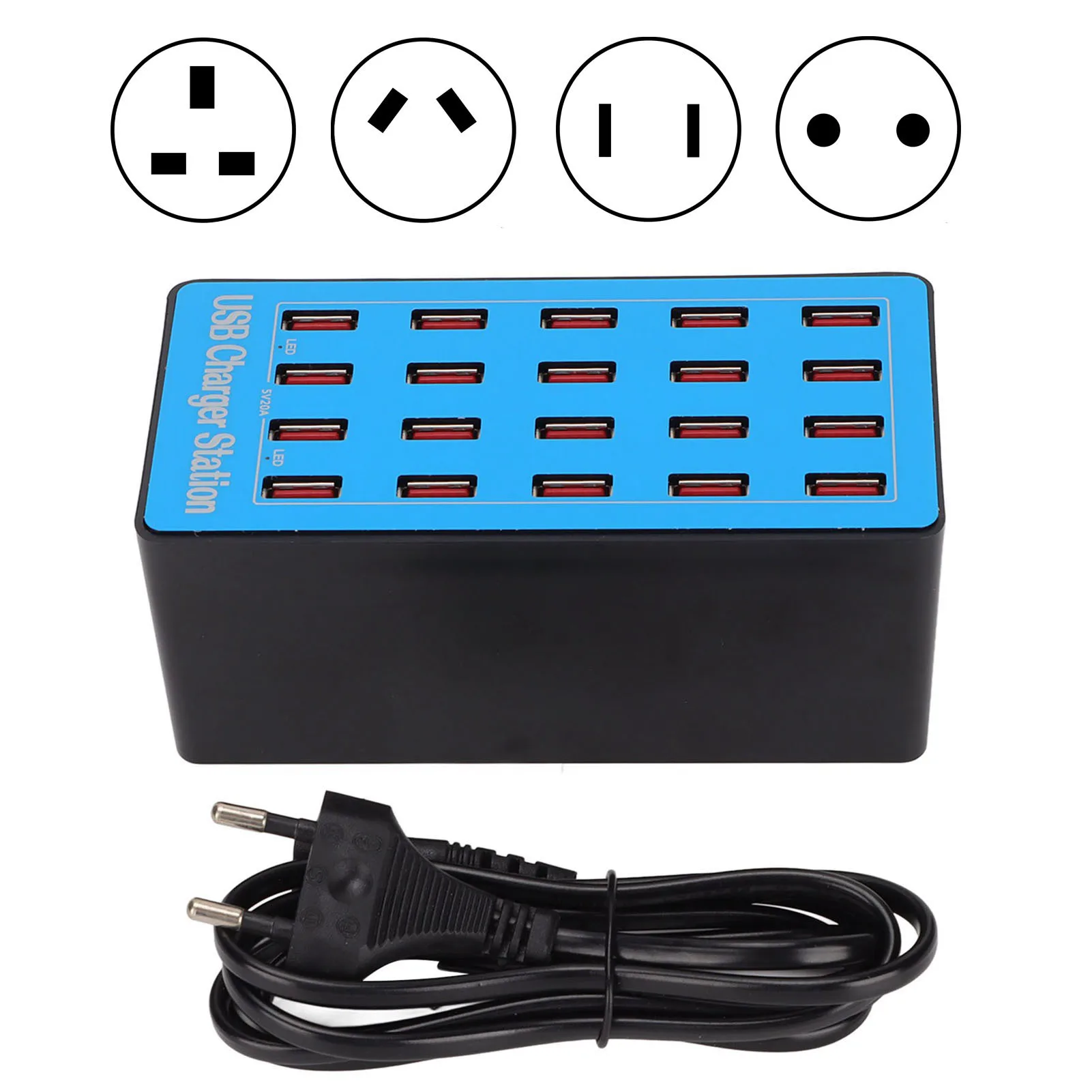 USB  Station Non Slip 20 Ports USB Hub  100-240V Smart Identification Chip Plug and Play with Sponge Pad for Home