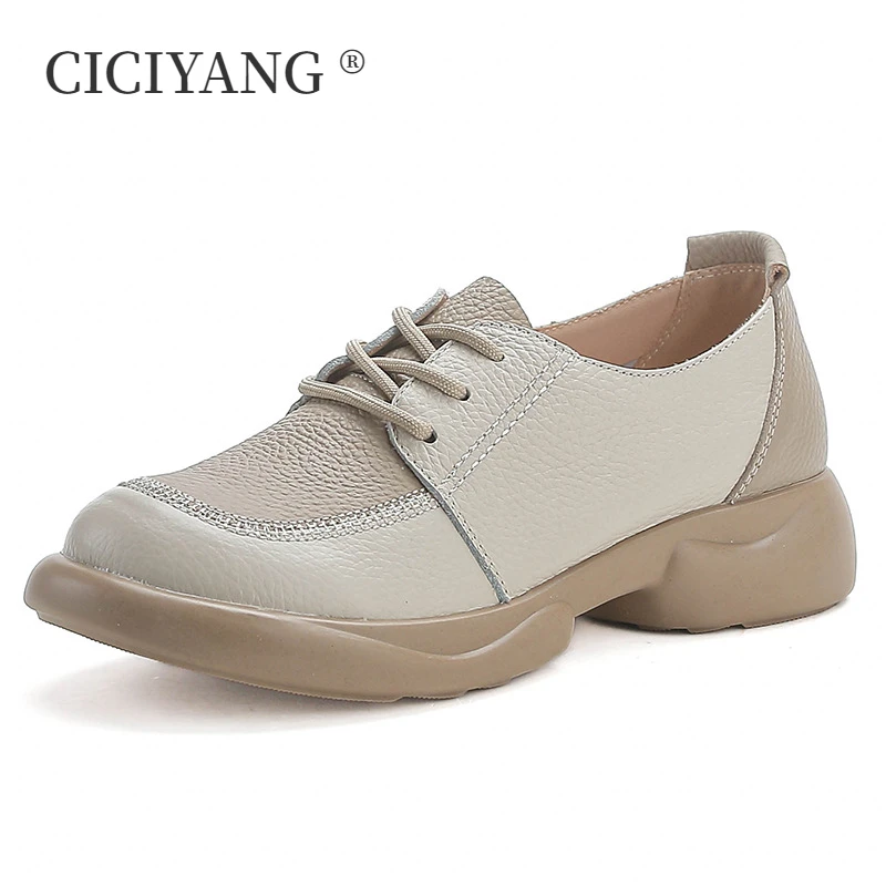 CICIYANG Loafers for Women Genuine Leather 2024 Autumn New Cowhide Lace-up Soft-soled Retro Round Toe Non-slip Commuter Shoes